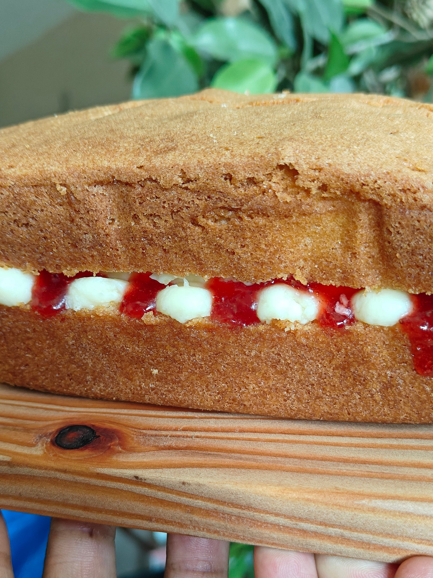 Victoria Sponge Loaf cake with mascarpone buttercream filling and bonne maman strawberry jam on a wooden board, held by two hands with a blurred foliage background.
