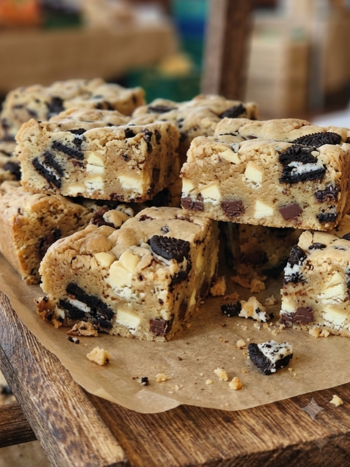 Bite-sized pieces of blondie with vanilla, white chocolate, dark chocolate and crushed oreos on a wooden chopping board with a farmers market in the background