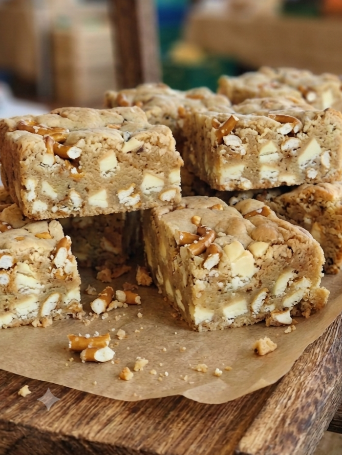 Bite-sized pieces of blondie with vanilla, white chocolate, salted caramel and crushed pretzel on a wooden chopping board with a farmers market in the background