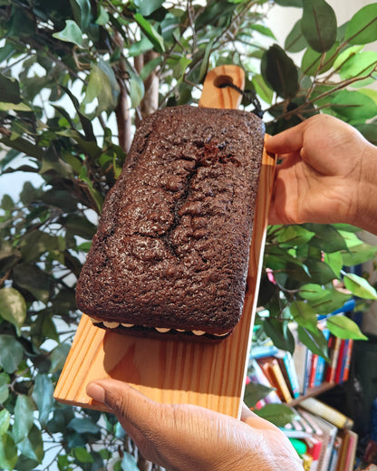 A chocolate loaf cake with white mascarpone buttercream frosting icing on a wooden board, held by two hands in front of a green potted plant and a bookshelf.